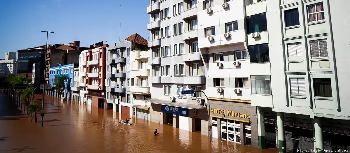 Street with flooded buildings on a sunny day